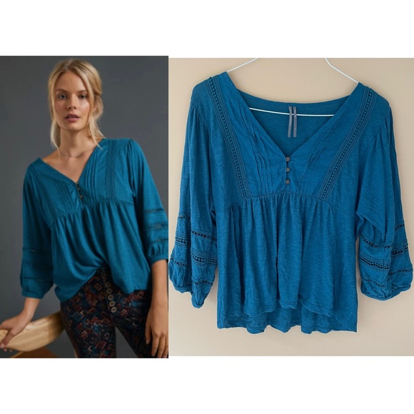 ANTHROPOLOGIE Kaye Pintucked Babydoll Teal Top - Picture 1 of 8